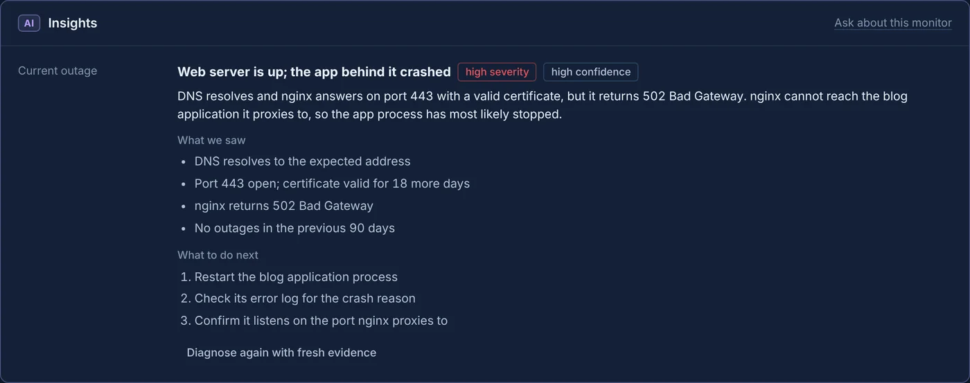 AI diagnosis of an outage: web server up, application crashed, with evidence and next steps
